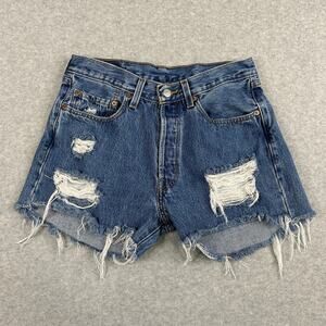 Levi's 501 Jean Shorts WMNS 32 Blue Distressed Denim Button Fly Cut-Off Hi-Rise